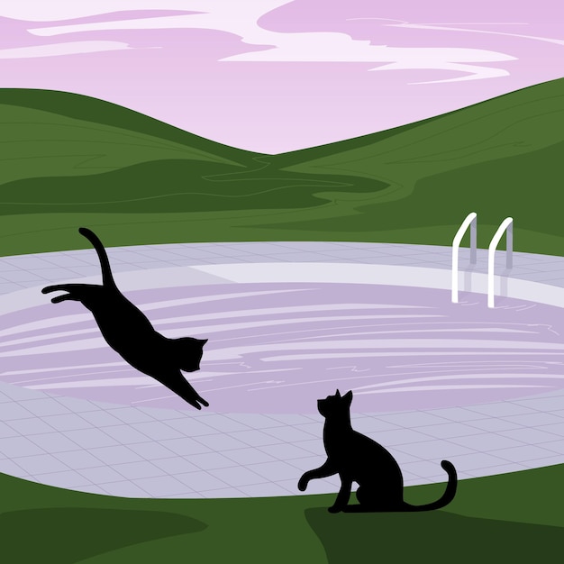 Deux chats et une piscine extérieure de rêve fantastique Illustration vectorielle