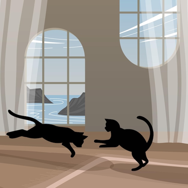 Deux chats s'amusant dans une maison fantastique Illustration vectorielle
