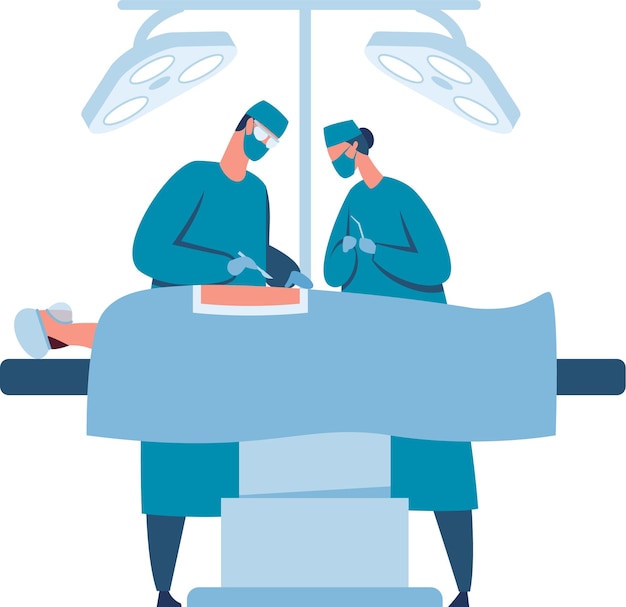 Deux chirurgiens portant des masques chirurgicaux, des robes et des gants effectuent une opération chirurgicale sur un patient allongé sur une table d'opération sous des lumières chirurgicales vives