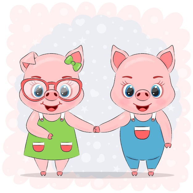 deux cochons mignons une fille et un garçon sur fond rose