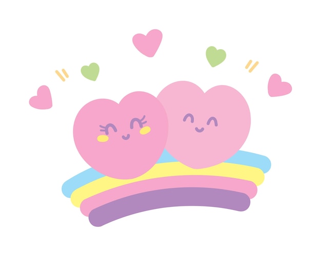 Deux Coeurs Kawaii Mignons Sur Un élément Graphique Arc-en-ciel Pastel Doux