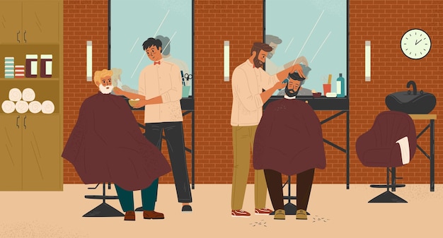 Vecteur deux coiffeurs faisant une coupe de cheveux pour des clients dans un salon de coiffure illustration vectorielle conception intérieure de salon de coiffure avec des chaises miroirs coiffeur coupant des cheveux faisant des coiffures pour hommes rasant la barbe