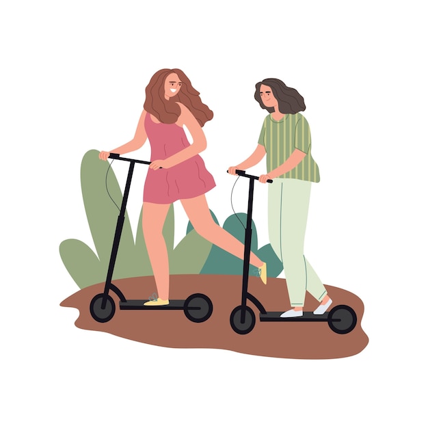 Deux copines font du scooter Des femmes heureuses parlent et se détendent tout en profitant du beau temps Temps actif passé avec leurs proches dans la nature Illustration plate vectorielle isolée sur fond blanc