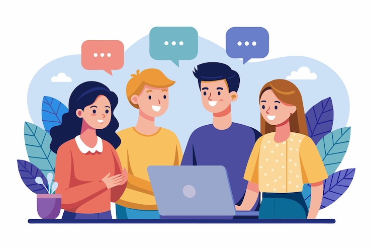 Vecteur deux couples s'engageant dans une conversation et une collaboration en ligne tout en se tenant autour d'un ordinateur portable deux couples discutant en ligne devant un ordinateur portables illustration vectorielle plate simple et minimaliste