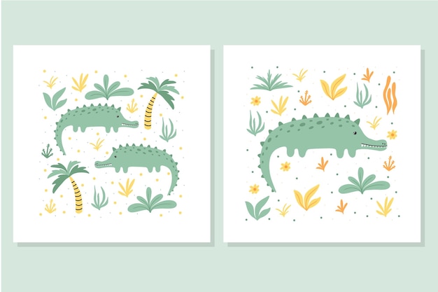 Deux Crocodiles Mignons. Affiche Pour Enfants Avec Crocodiles Et Palmiers.