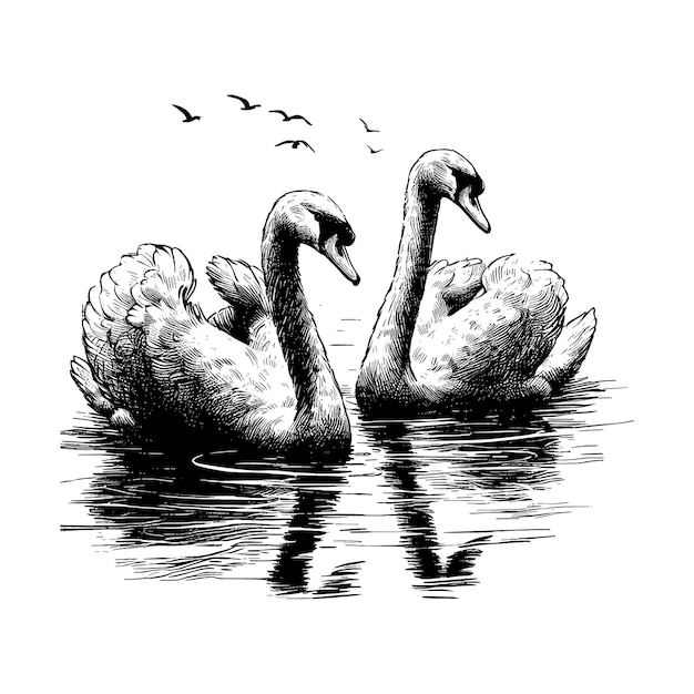 deux cygnes dans l'eau avec des oiseaux volant au-dessus d'eux