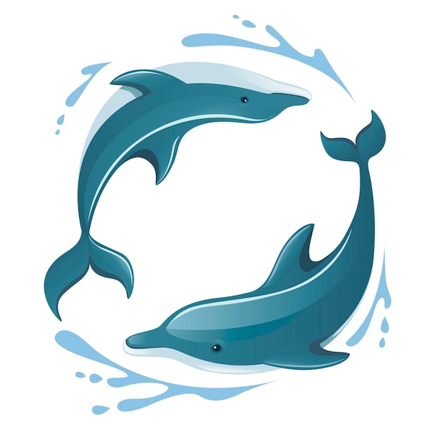 Deux Dauphins Jouant Dans L'eau Logo Concept Design Cartoon Animal Plat Vector Illustration Sur Fond Blanc.