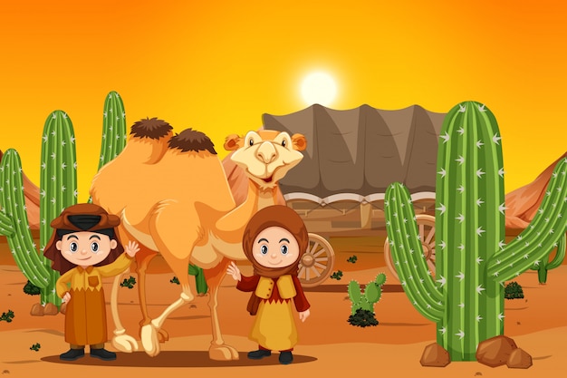 Vecteur deux enfants avec chameau dans le désert