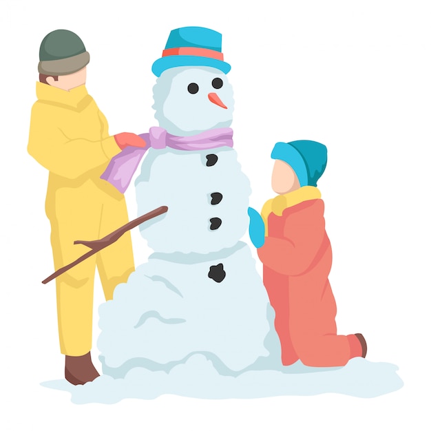 Vecteur deux enfants créatifs jouent en utilisant le bonhomme de neige qu'ils ont fait