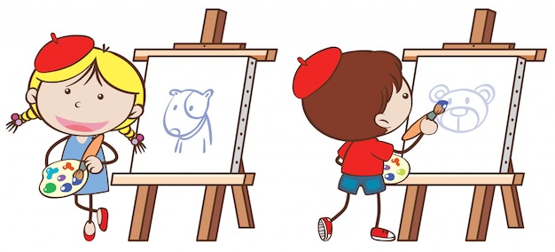 Vecteur deux enfants dessin sur toile