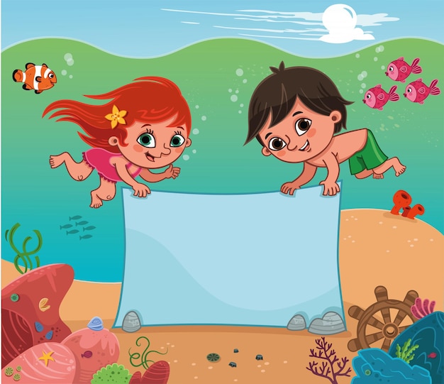 Vecteur deux enfants tenant une pancarte sous la mer illustration vectorielle