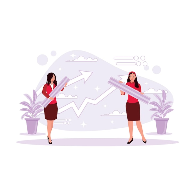 Deux femmes d'affaires portent des règles et mesurent la croissance de l'entreprise Tendance Vecteur moderne plat