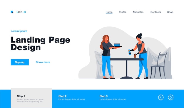 Vecteur deux femmes nettoyant la table et le modèle de page de destination de la chambre