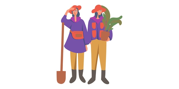 Deux femmes avec une pelle et des plantes en pot Tenue d'illustration vectorielle plate colorée