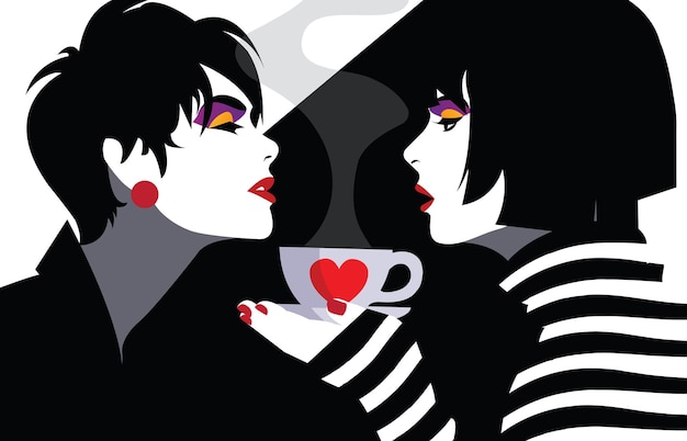 Deux femmes avec une tasse de café ou de thé. illustration pop art