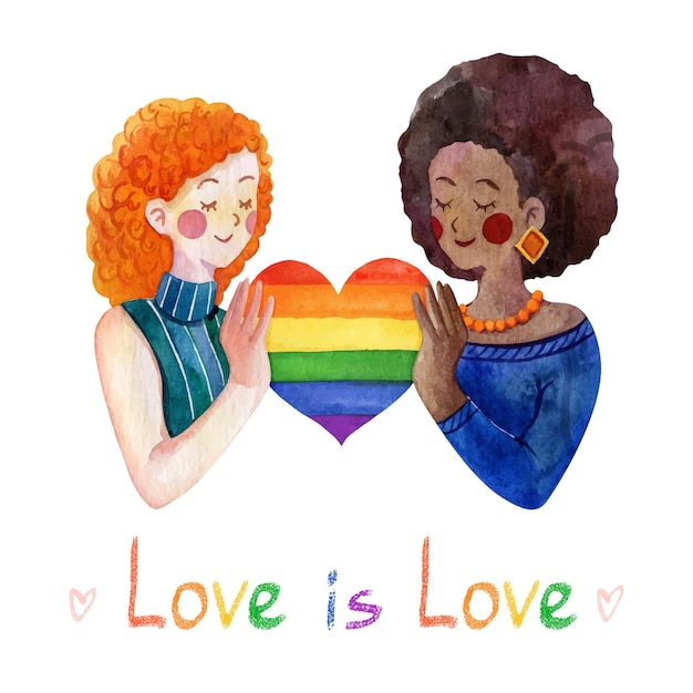 Deux filles amoureuses du coeur arc-en-ciel et de l'illustration aquarelle du slogan de la fierté LGBT isolées sur blanc