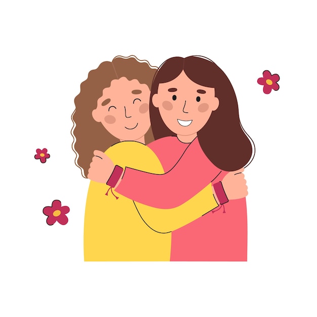 Deux filles s'embrassant dans des bracelets d'amitié vector illustration plate. Journée internationale de l'amitié