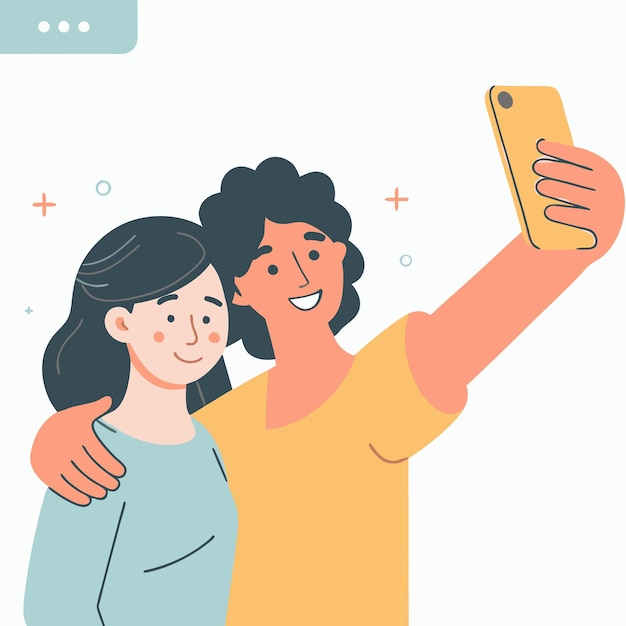 Deux filles souriantes se prennent un selfie sur leur smartphone ensemble Illustration de personnage de dessin animé plat