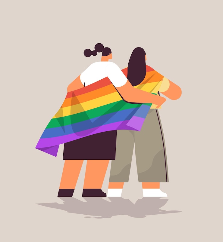 Vecteur deux filles tenant un drapeau arc-en-ciel lgbt gay lesbian love parade pride festival transgenre love concept pleine longueur illustration vectorielle