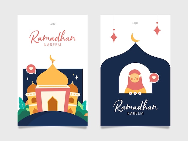 Vecteur deux flyers pour le ramadan kareem avec une photo d'une femme et d'une mosquée