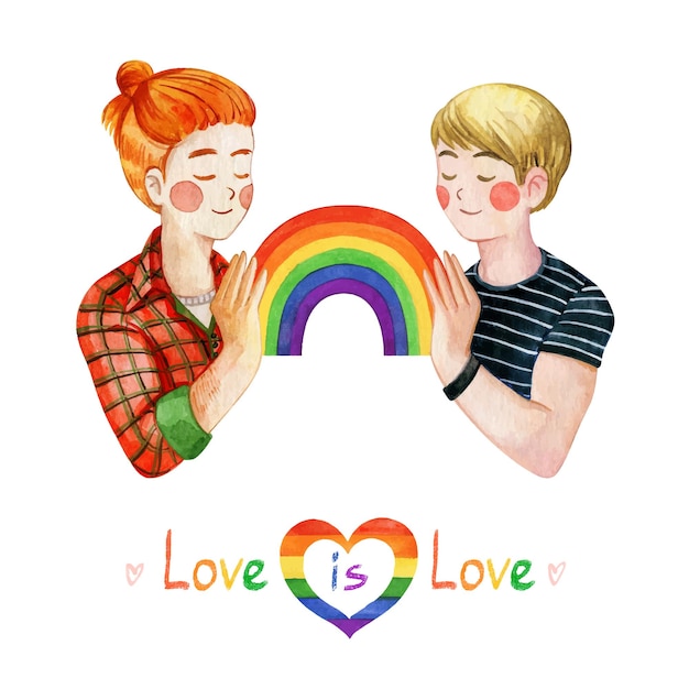 Deux Garçons Avec La Communauté Lgbt Arc-en-ciel Symbole Vecteur Aquarelle Clipart Isolé Sur Fond Blanc