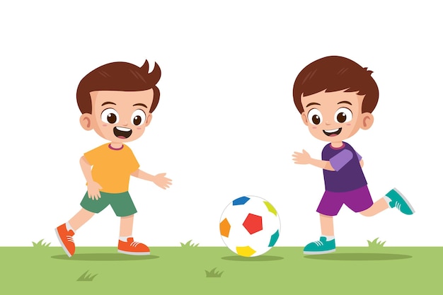 Deux Garçons Mignons Jouant Au Football Dans L'illustration Vectorielle Du Parc