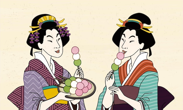 Deux Geisha Mangeant Un Mitarashi Dango En Kimono, Style Ukiyo-e