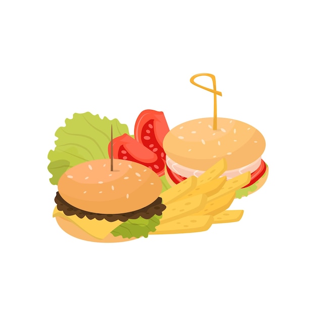 Vecteur deux hamburgers français frites et tomates fast-food plat vector illustration sur fond blanc