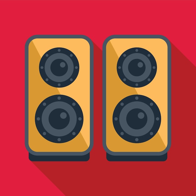 Deux haut-parleurs audio debout sur un fond rouge dans un style de conception plat