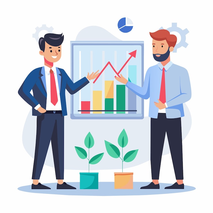Vecteur deux hommes d'affaires analysant les graphiques du marché boursier deux hommes d'affaire montrant le graphique du marché de la négociation financière des actions diagramme vectoriel plat simple et minimaliste