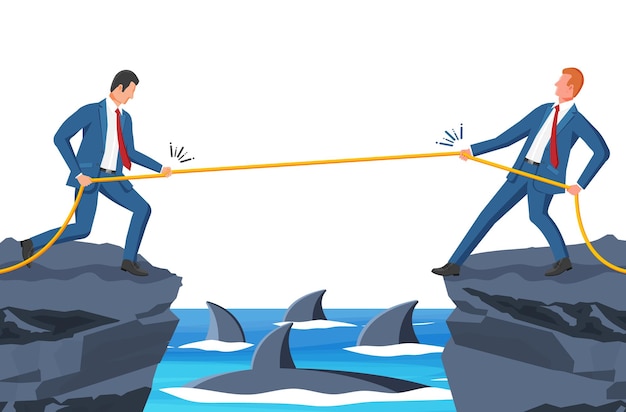 Deux Hommes D'affaires Tirent Sur La Corde Près De Gap Avec Les Requins Man Tug Of War Et Se Regardent Entreprise Cible Rivalité Concurrence Conflit Réalisation Objectif Succès Illustration Vectorielle Plane