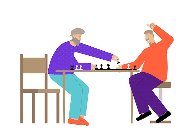 Vecteur deux hommes âgés heureux jouant aux échecs à plat