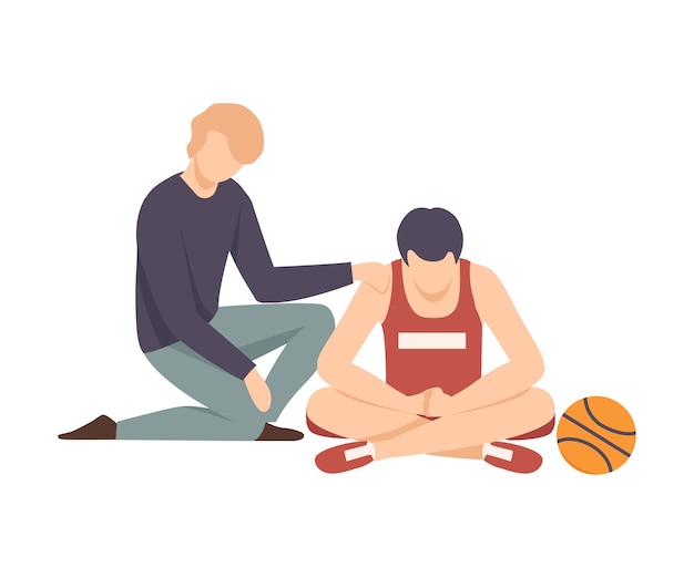 Vecteur deux hommes assis sur le sol et l'un soutenant l'autre en mettant la main sur son épaule illustration vectorielle