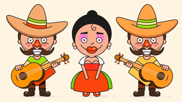 Deux Hommes Et Une Femme Avec Des Guitares En Vêtements Autochtones Et Sombreros