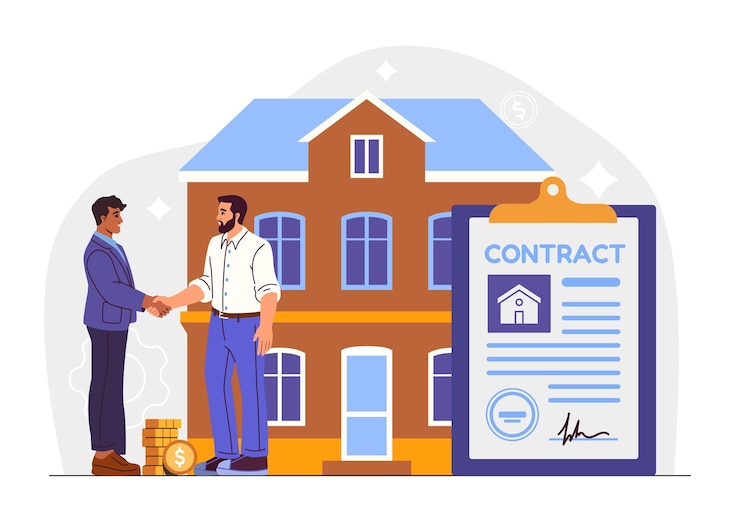 Vecteur deux hommes se serrent la main devant une maison avec un grand document de contrat pièces de monnaie de style plat à proximité