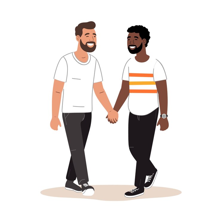 Vecteur deux hommes se tenant par la main marchant ensemble souriants montrant une relation d'amitié un homme