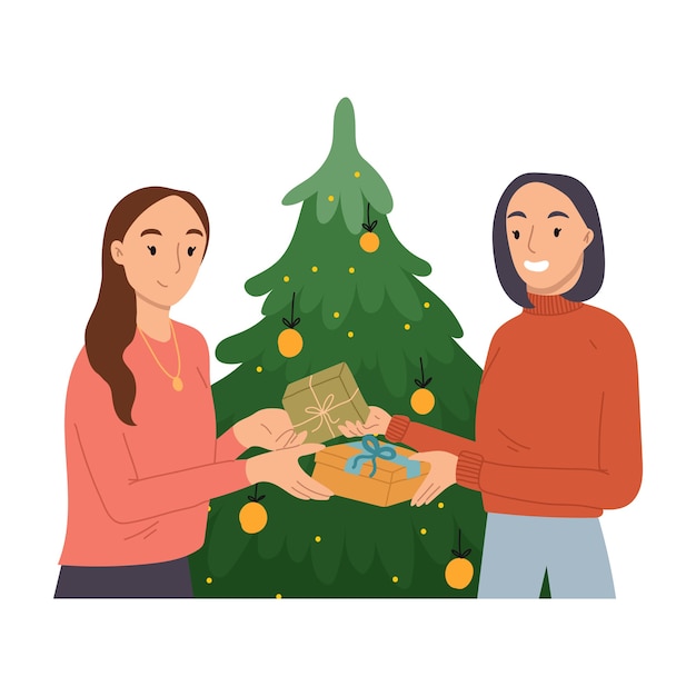 Deux jeunes femmes échangeant des cadeaux de Noël.