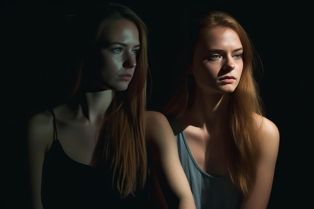 Vecteur deux jeunes femmes regardent la caméra dans une pièce sombre.