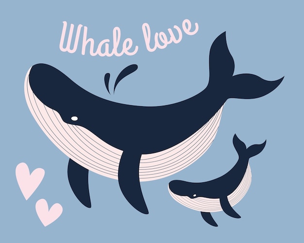 Vecteur deux jolies baleines ludiques - mère et enfant, nagent ensemble dans l'océan bleu de la mer.