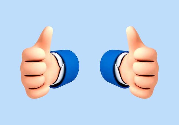 Deux mains de dessin animé 3D montrent un geste pouce vers le haut isolé sur fond bleu Main pouce vers le haut ou signe similaire Illustration vectorielle 3d
