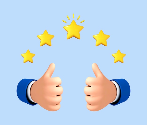 Deux mains de dessins animés en 3D montrent un geste du pouce vers le haut pour le succès ou une bonne rétroaction Note cinq étoiles Concept positif et symbole similaire Évaluation des commentaires des clients et concept de rétroaction des clients Illustration vectorielle 3d