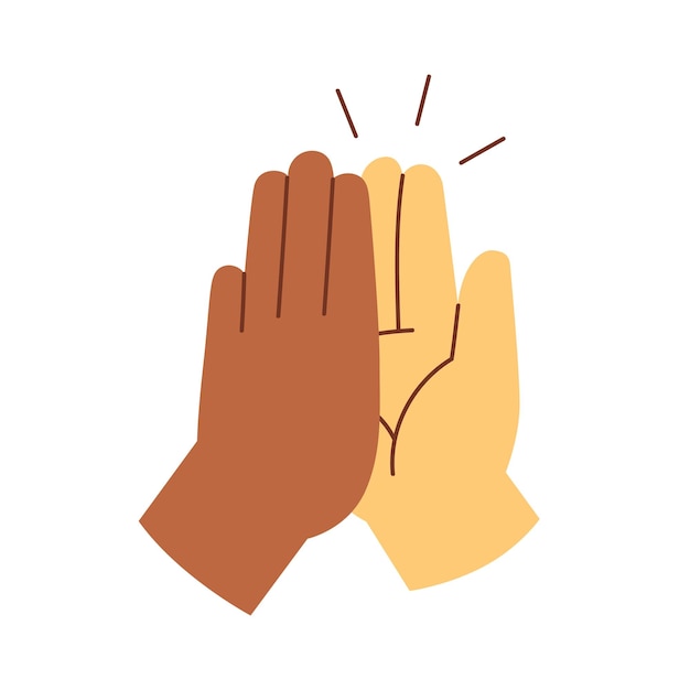 Vecteur deux mains donnant un high five, applaudissant l'icône des paumes. claquement d'armes biracial, saluant le geste d'amis. félicitations aux partenaires avec beaucoup. illustration vectorielle plane isolée sur fond blanc.