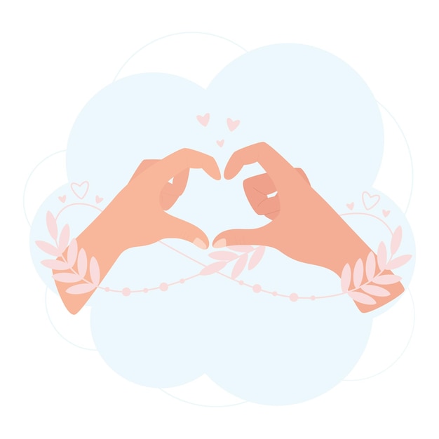 Deux mains faisant un coeur avec les doigts Une pousse feuillue abstraite en forme d'infini enlace leurs bras Dans l'illustration du concept d'amour