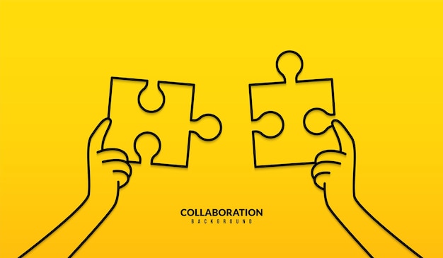 Deux mains tenant un puzzle pour terminer la mission sur fond jaune Concept de solution d'entreprise