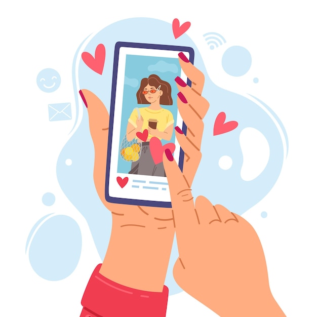 Deux Mains Tenant Le Téléphone. L'écran Du Smartphone De La Fille De Dessin Animé Obtient Des Goûts, Une Expression De Sympathie Pour La Communication Sur Les Réseaux Sociaux, Une Photo De Femme Sur L'appareil, Des Messages De Blogueurs Vector Illustration Colorée Moderne