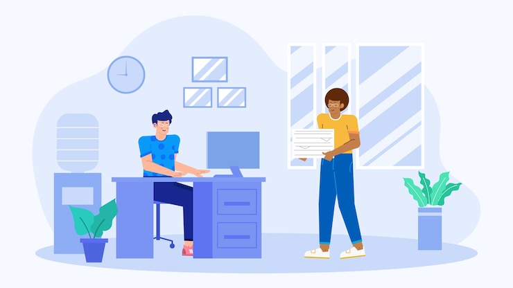 Vecteur deux membres d'une équipe d'affaires discutent d'affaires dans un espace de coworking moderne et créatif