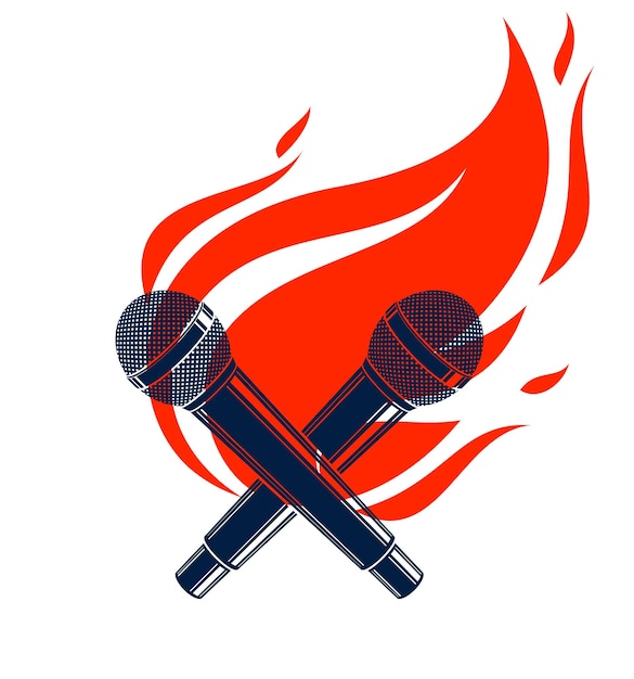 Deux Microphones Croisés En Feu, Micro Chaud En Flammes, Musique De Rimes De Combat De Rap, Chant De Karaoké, Logo Ou Illustration Vectorielle, Festival De Concert Ou Label De Boîte De Nuit, T-shirt Imprimé.