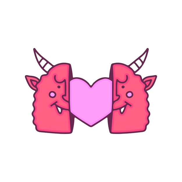 Deux Moitiés De Tête De Diable Mignon Avec Coeur à L'intérieur, Illustration Pour T-shirt, Vêtements De Rue, Autocollant.