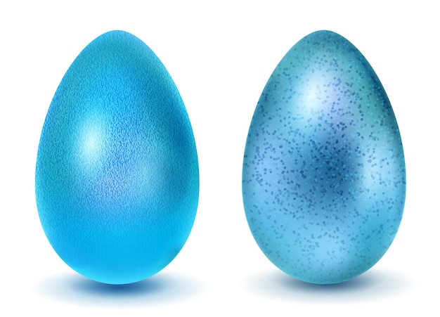 Vecteur deux oeufs de pâques réalistes avec une texture de surface différente dans des couleurs bleu clair. avec ombre sur fond blanc