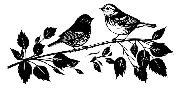 Deux oiseaux sur une branche avec des feuilles à gauche